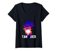 Mujer Cueva de Hércules Tánger Ciudad Atardecer Escena Marruecos Viaje de Vacaciones Camiseta Cuello V