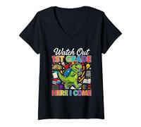 Mujer Cuidado Primer Grado Aquí Vengo Dino Primer Día de Escuela Niño Camiseta Cuello V