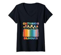 Mujer Cultivando Bilingues Libros Y Flores Español Bilingüe Camiseta Cuello V