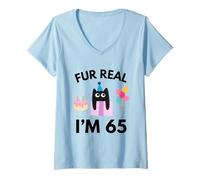 Mujer Cumpleaños de gato real de piel 65 años amante de los gatos 65 día B Camiseta Cuello V