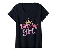 Mujer Cumpleaños Niña Corona Princesa Fiesta Niñas Niño Rosa Púrpura Camiseta Cuello V