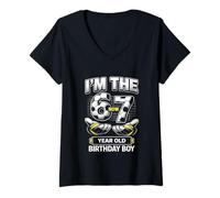 Mujer Cumpleaños niño yo era 6 Ahora Estoy 7 Six Seven Soccer 67 Meme Camiseta Cuello V