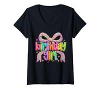 Mujer Cumpleaños Preppy Bow Rainbow Girls Adolescentes Mujeres Niños Camiseta Cuello V