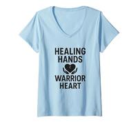 Mujer Curación, Manos, Corazón de Guerrero. Fuerza de Enfermera, Atención al Paciente. Camiseta Cuello V