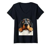 Mujer Curioso Perro Negro Bronceado Mirando Cachorro Arte Camiseta Cuello V