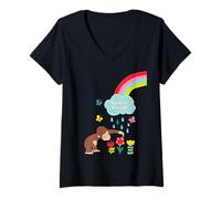 Mujer Curious George Rainbows and Flowers Spring Fun Camiseta Cuello V