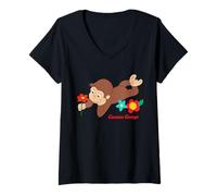 Mujer Curious George Spring Flower Fun Camiseta Cuello V