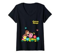 Mujer Curious George Spring Flower Garden Fun Camiseta Cuello V