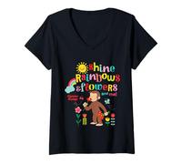 Mujer Curious George Sunshine Rainbows & Flowers Camiseta Cuello V