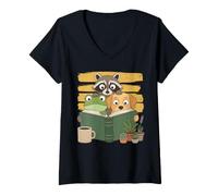Mujer Curious Reading Animals Frog Raccoon Dog Book Lover Camiseta Cuello V