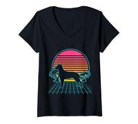 Mujer Curly Coated Retriever Vintage 80s Vaporwave Aesthetic Dog Camiseta Cuello V