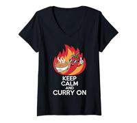 Mujer Curry indio con chile y pimiento rojo Mantenga la calma y curry encendido Camiseta Cuello V