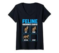 Mujer Curso de obediencia Felina Entrenamiento de Gatos Divertidos Camiseta Cuello V