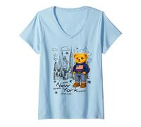 Mujer Cute American Teddy Bear Sketch Drawing, New York Teddy Bear Camiseta Cuello V