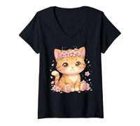 Mujer Cute Anime Cat with Cherry Blossoms Flower Kids Girls Boys Camiseta Cuello V