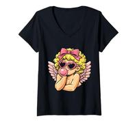Mujer Cute Anime Cupid Blowing Bubble Gum Camiseta Cuello V