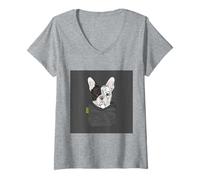 Mujer Cute Baby Happy Bulldog, Perro Cachorro Negro, Blanco y Gris Camiseta Cuello V