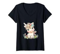 Mujer Cute Baby Unicorn with Flowers - Kawaii Pastel Pony Camiseta Cuello V