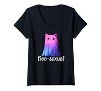 Mujer Cute Bisexual Ghost Cat in Sheet Boo-Sexual Halloween Pun Camiseta Cuello V