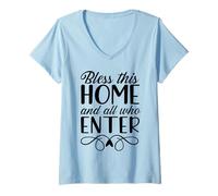 Mujer Cute Bless This Home - Cristiano de inauguración de la casa de nuevos propietarios Camiseta Cuello V