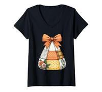 Mujer Cute Candy Corn Halloween Candy Fall Funny Family Costume Camiseta Cuello V