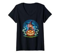 Mujer Cute Capybara Halloween Costume Spooky Pumpkin Camiseta Cuello V
