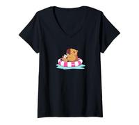 Mujer Cute Capybara Pool Float Beach Summer Rainbow Boba Tea Camiseta Cuello V