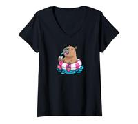 Mujer Cute Capybara Pool Float Beach Summer Rainbow Boba Tea Camiseta Cuello V