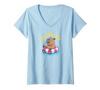 Mujer Cute Capybara Pool Float Beach Summer Rainbow Boba Tea Camiseta Cuello V