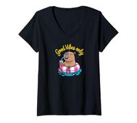 Mujer Cute Capybara Pool Float Beach Summer Rainbow Boba Tea Camiseta Cuello V
