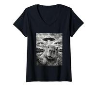 Mujer Cute Capybara UFO Selfie Funny Conspiración Alien Crafts Camiseta Cuello V