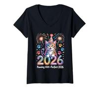 Mujer Cute Cat 2026 New Year Purrfect Holiday Theme Camiseta Cuello V