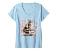 Mujer Cute Cat and Book Lover Graphic For Women Who Loves Reading Camiseta Cuello V