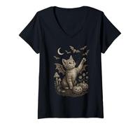 Mujer Cute Cat Bat Wings Moon Fall Vintage Fairycore Graphic Camiseta Cuello V
