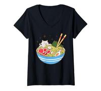 Mujer Cute Cat Eating Ramen Bowl Kawaii Food Camiseta Cuello V