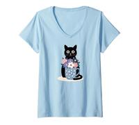 Mujer Cute Cat Eyes Kitty Flower Garden Morning Coffee Camiseta Cuello V