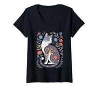 Mujer Cute Cat Lover Vintage Flowers Art Pattern Aesthetic Camiseta Cuello V