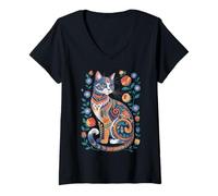 Mujer Cute Cat Lover Vintage Flowers Art Pattern Aesthetic Camiseta Cuello V