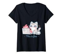 Mujer Cute Cat Meme Office Caos Burnout Humor Alivio del estrés Camiseta Cuello V