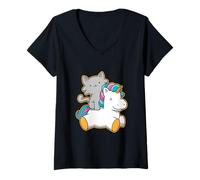 Mujer Cute Cat Riding Unicorn Magical Feline Design Camiseta Cuello V