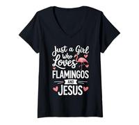 Mujer Cute Christan Just A Girl Who Loves Flamingos and Jesus Camiseta Cuello V