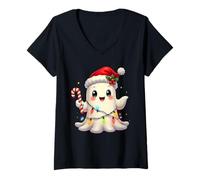 Mujer Cute Christmas Ghost Kawaii Santa Candy Cane Funny Xmas Camiseta Cuello V