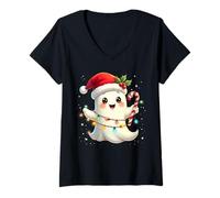 Mujer Cute Christmas Ghost Kawaii Santa Candy Cane Funny Xmas Camiseta Cuello V