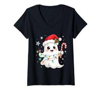 Mujer Cute Christmas Ghost Kawaii Santa Candy Cane Funny Xmas Camiseta Cuello V