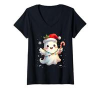 Mujer Cute Christmas Ghost Kawaii Santa Candy Cane Funny Xmas Camiseta Cuello V