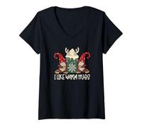 Mujer Cute Christmas GNOME Couple with Hot Cocoa I Like Warm Hugs Camiseta Cuello V