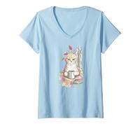 Mujer Cute Coffee Latte Art Gift for Mom Cafe Energy Cat Lover Camiseta Cuello V