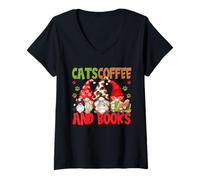 Mujer Cute Coffee Lover Cat Mom and Dad Cats Coffee and Books Camiseta Cuello V