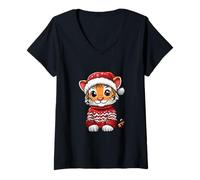 Mujer Cute Comic Christmas Tiger | Fiesta de Navidad Camiseta Cuello V