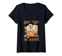 Mujer Cute Corgi Coffee Store Grandes Cosas Brewing Camiseta Cuello V
